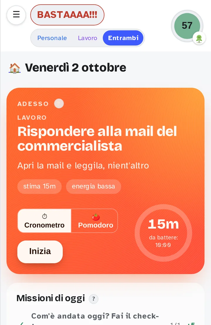 La schermata Adesso di Flintago: un solo compito, il primo passo e il tempo stimato